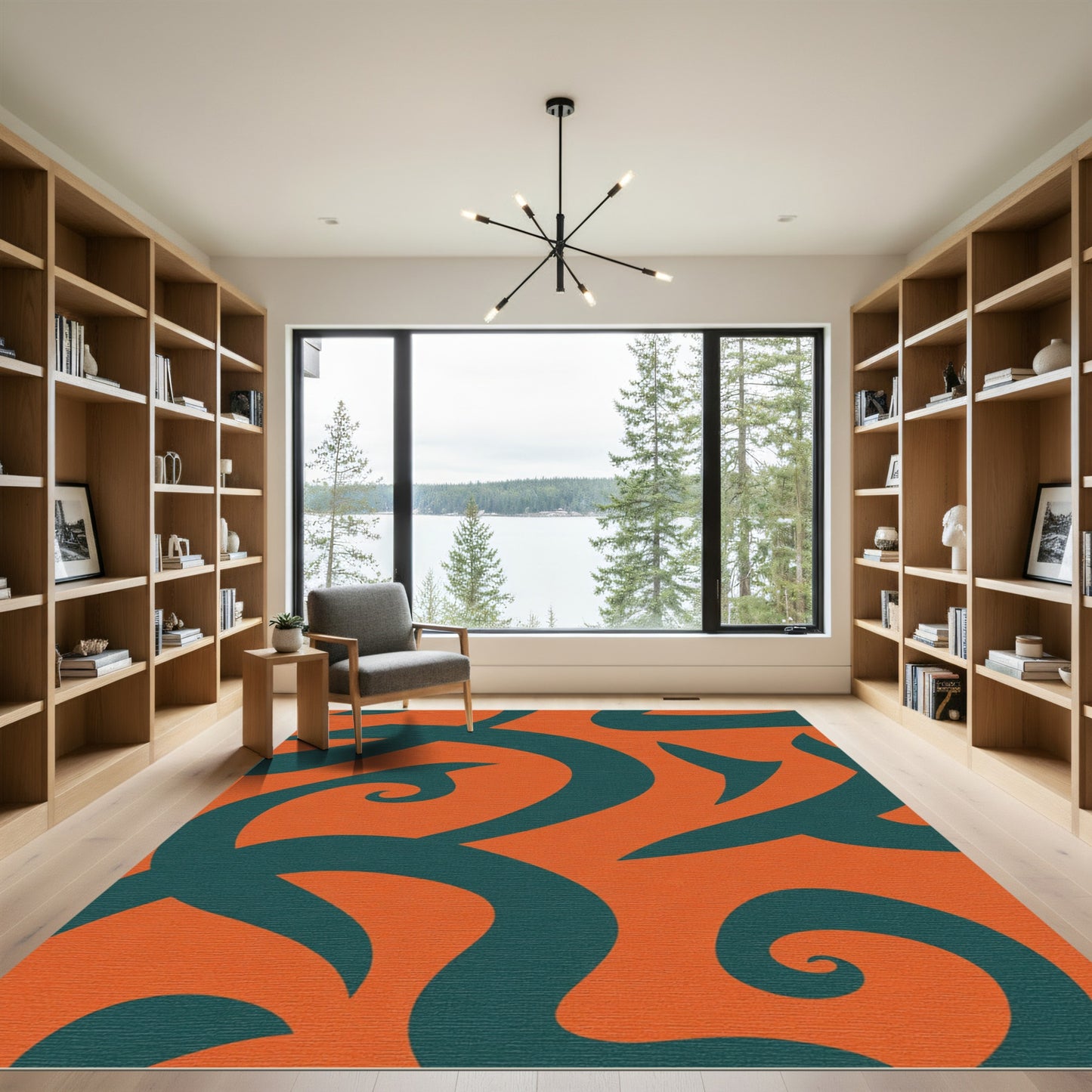 Teal Swirl Orange Abstract Rug