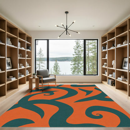 Teal Swirl Orange Abstract Rug
