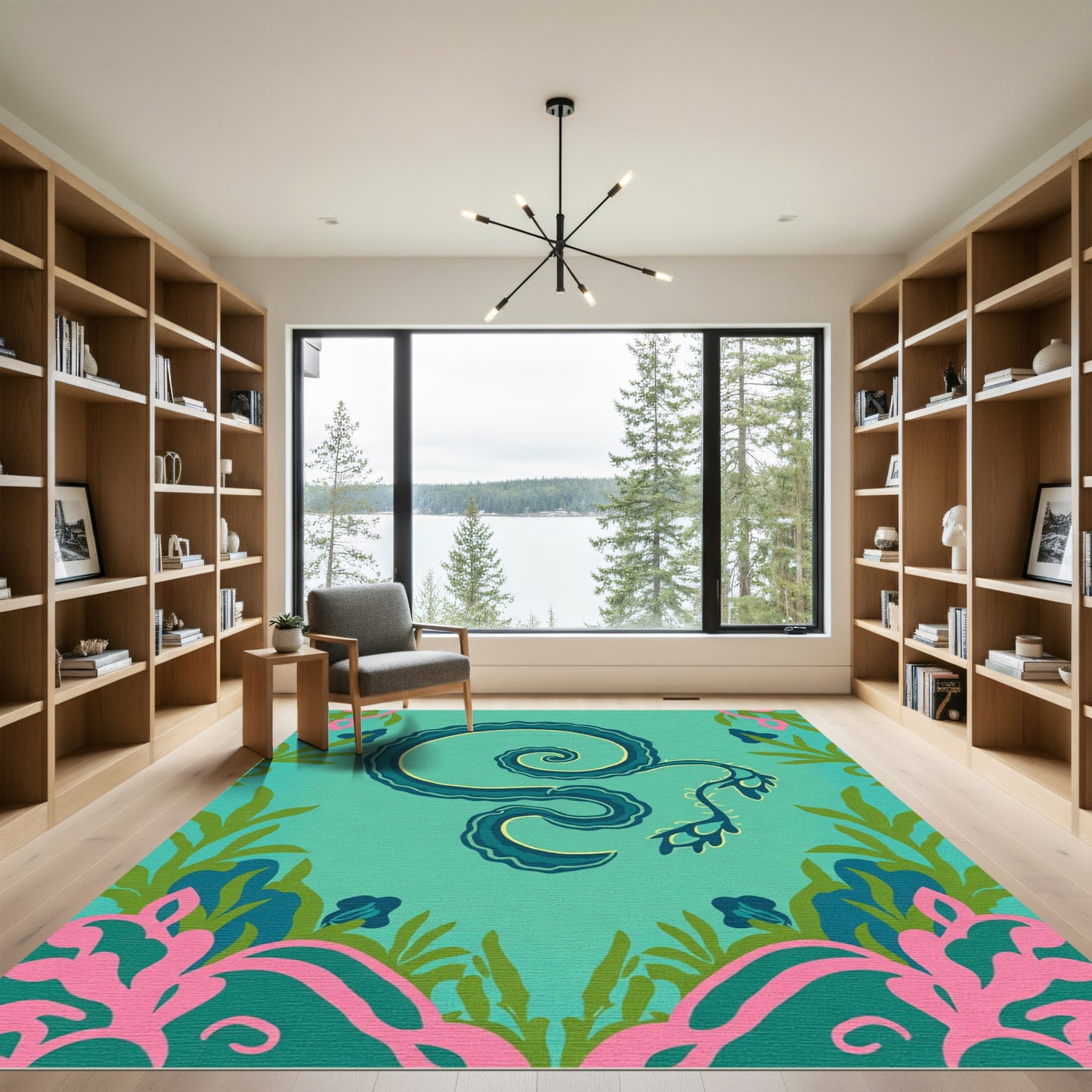 Whimsical Teal Floral Scroll Rug
