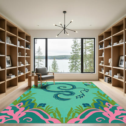 Whimsical Teal Floral Scroll Rug