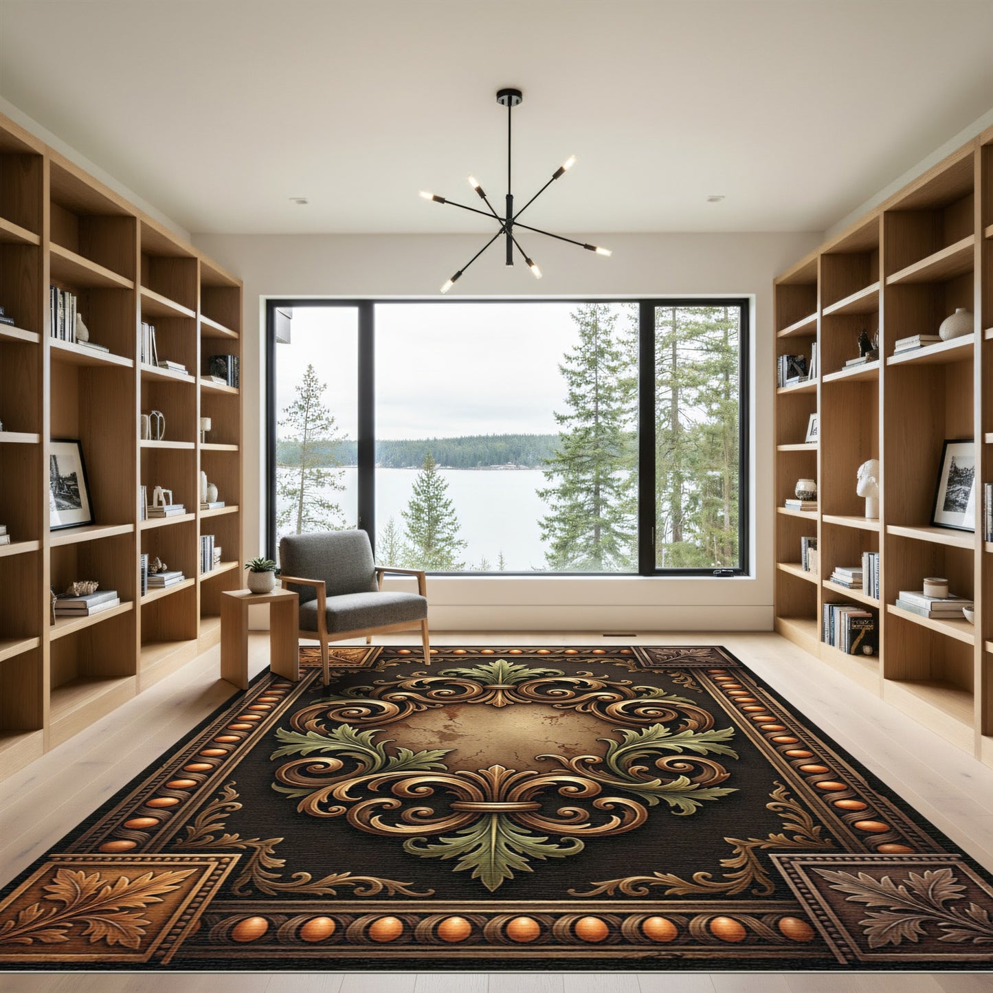 Ornate Golden Scrollwork with Green Accents Rug