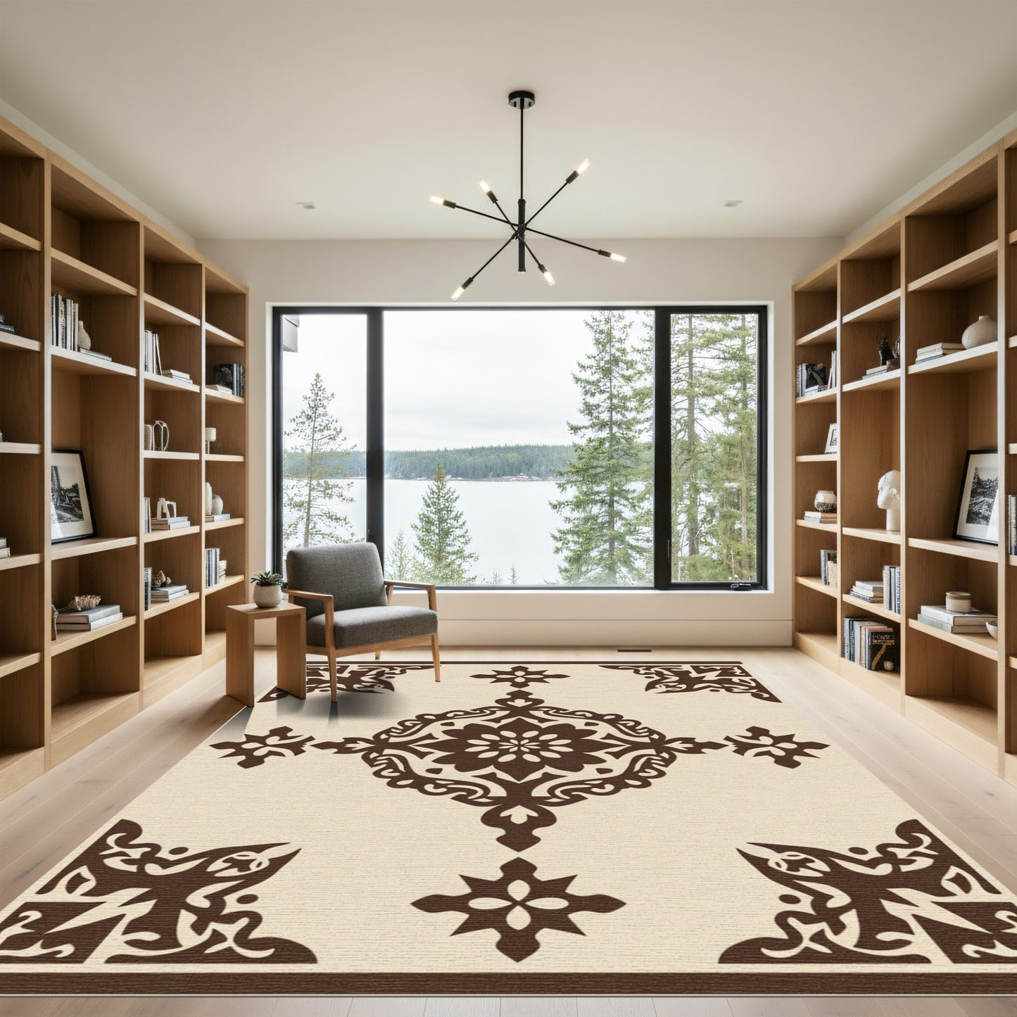 Cream Brown Filigree Medallion Corner Rug