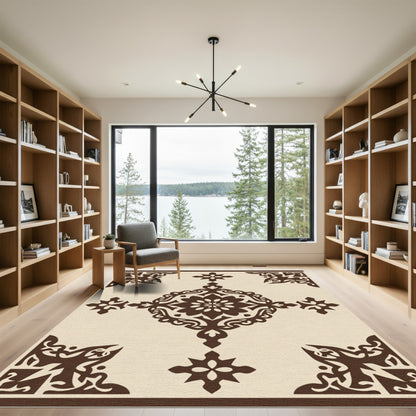 Cream Brown Filigree Medallion Corner Rug