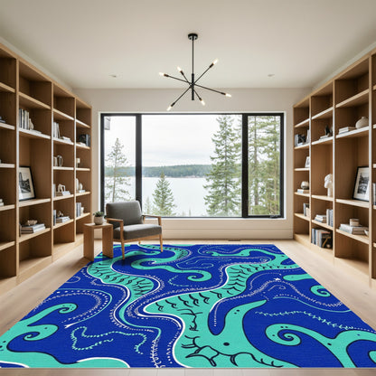 Deep Blue Teal Swirl Octopus Rug
