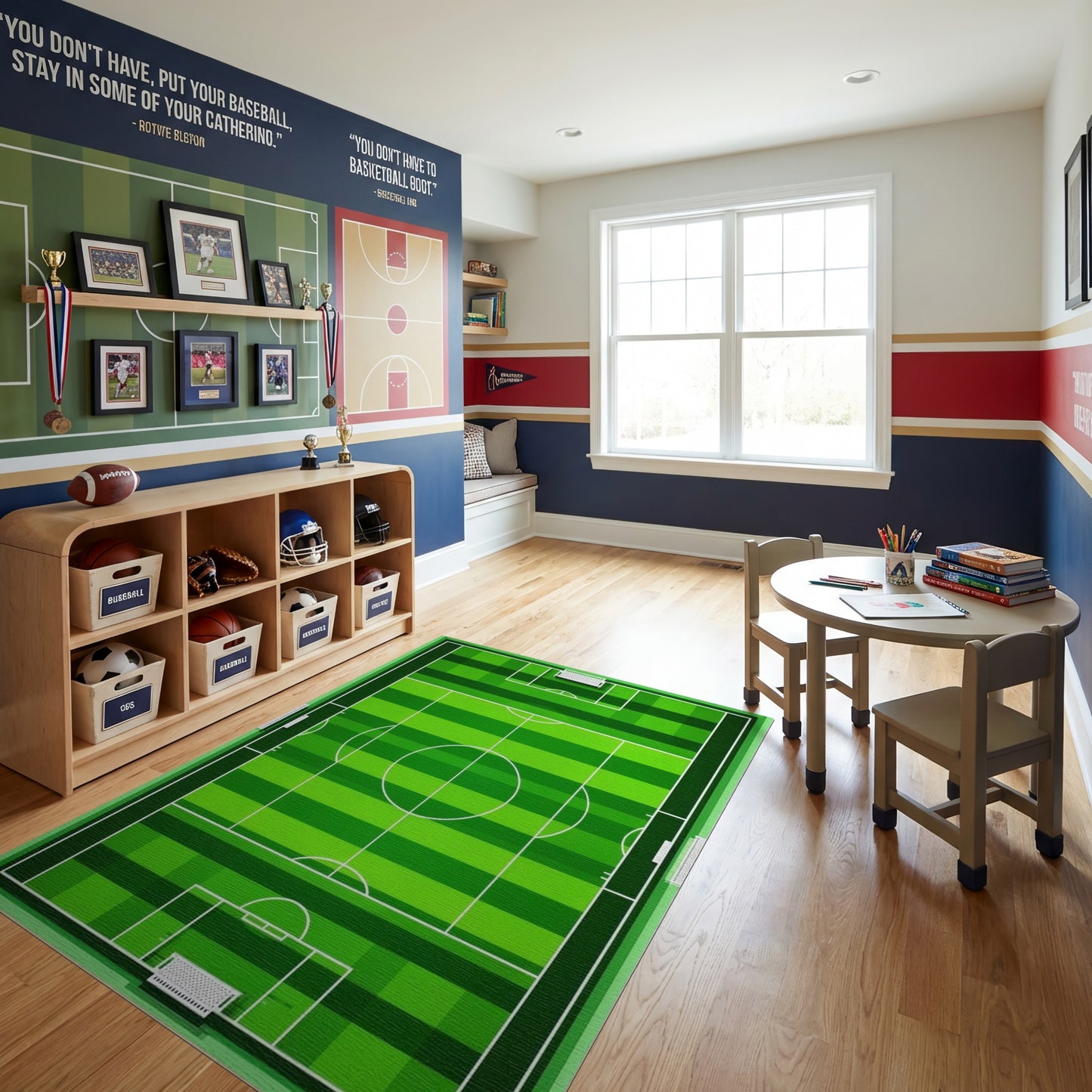 Bold Green Soccer Field Lines Rug