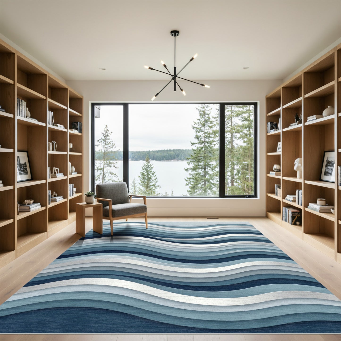 Modern Navy and Slate Wavy Stripe Rug