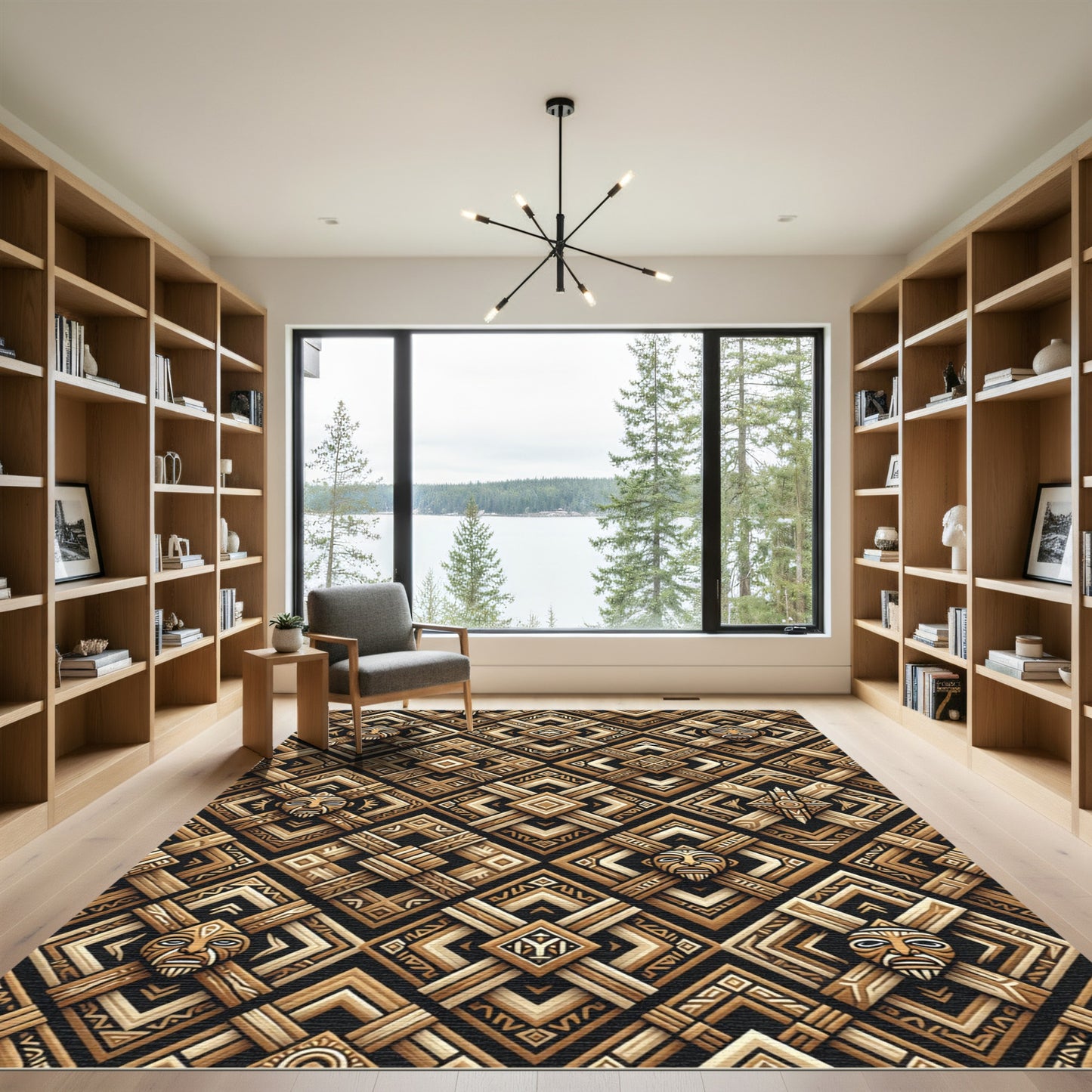 Tribal Mask Geometric Wood Relief Rug