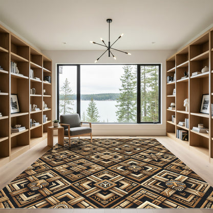 Tribal Mask Geometric Wood Relief Rug