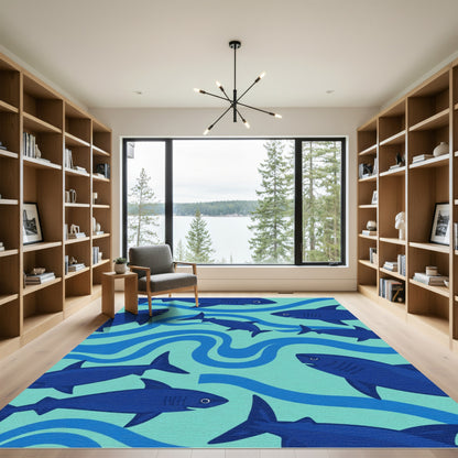 Deep Blue Shark School Waves Rug