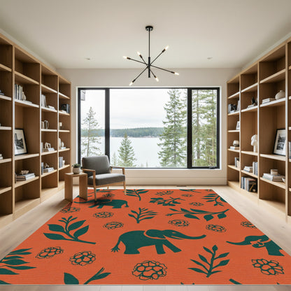 Terracotta Teal Elephant Floral Meadow Rug