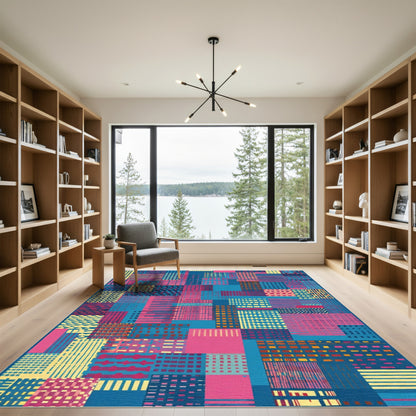Geometric Patchwork Teal Magenta Yellow Rug
