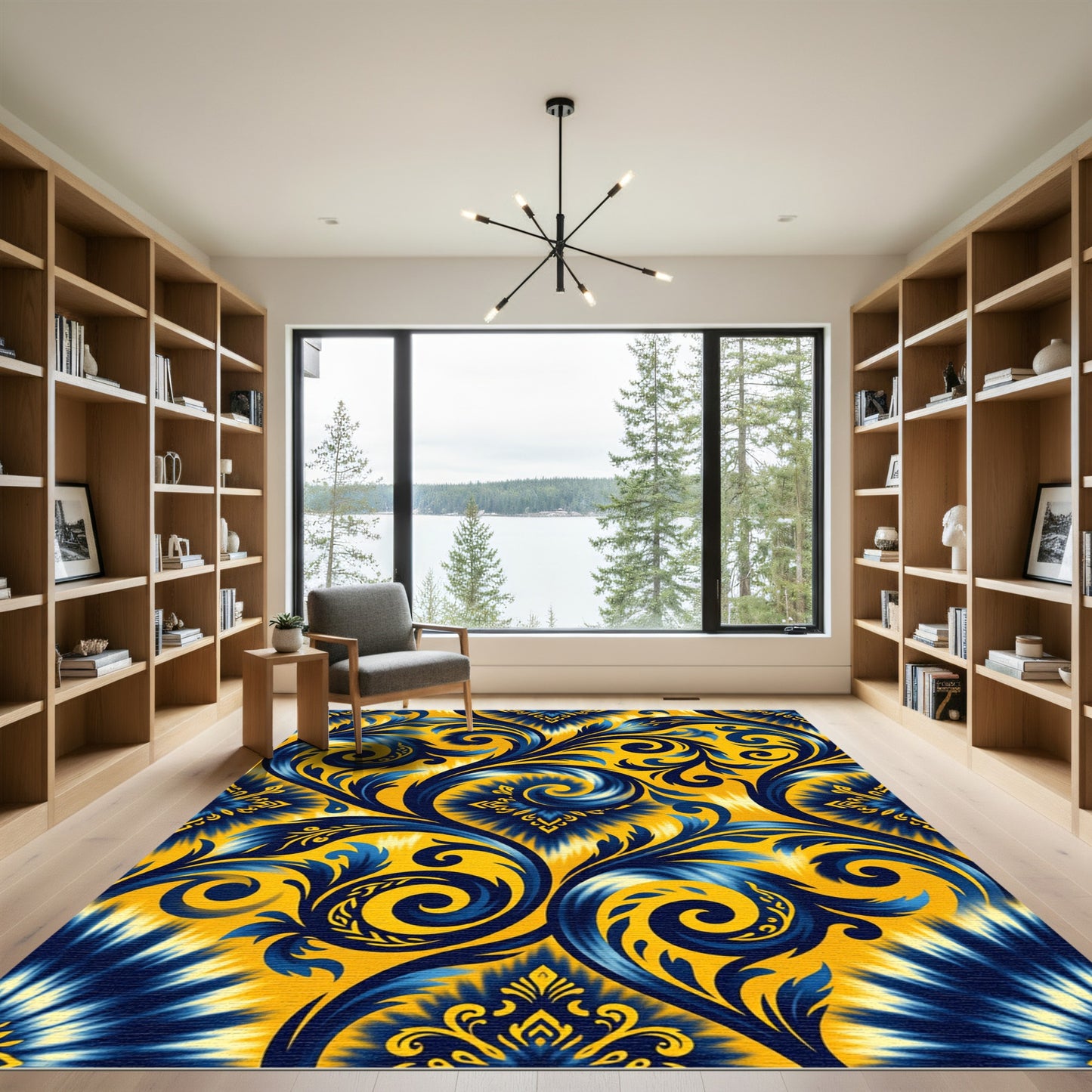 Vibrant Navy Blue Swirl Floral Rug