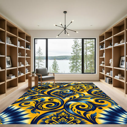 Vibrant Navy Blue Swirl Floral Rug