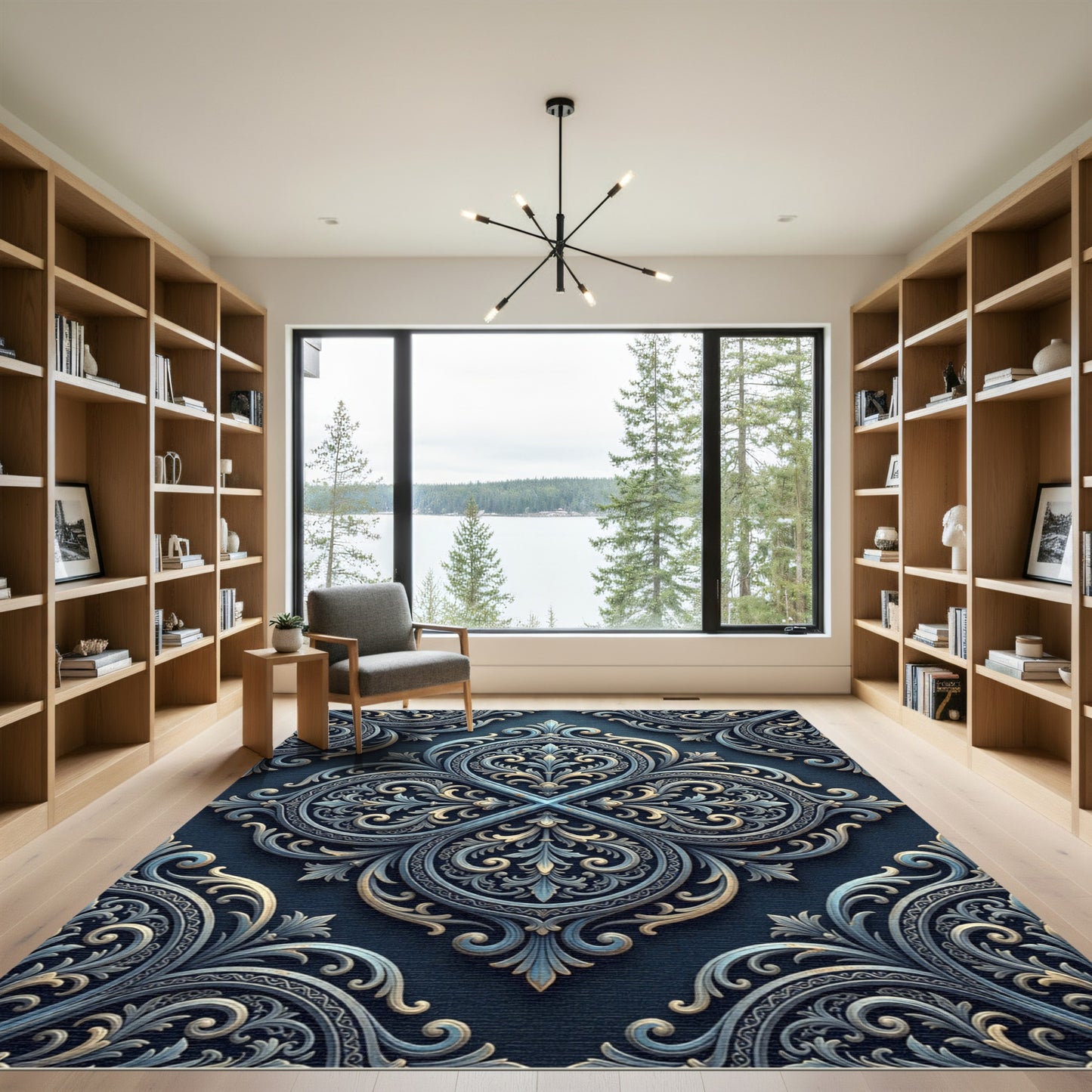 Ornate Blue Gold Damask Medallion Rug
