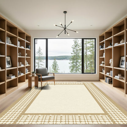 Golden Beige Geometric Lattice Border Rug