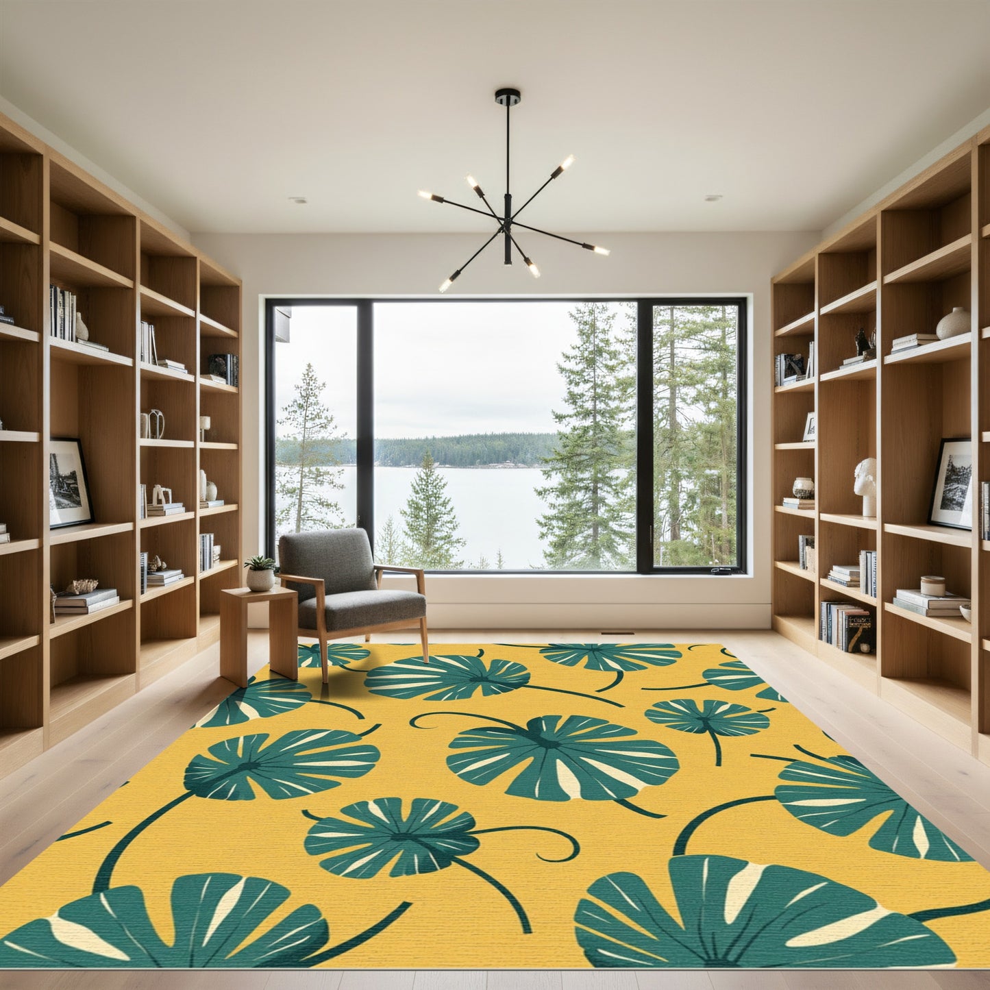 Teal Leaf Swirl Mustard Yellow Rug