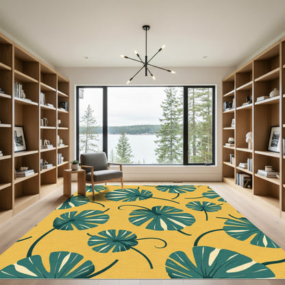 Teal Leaf Swirl Mustard Yellow Rug