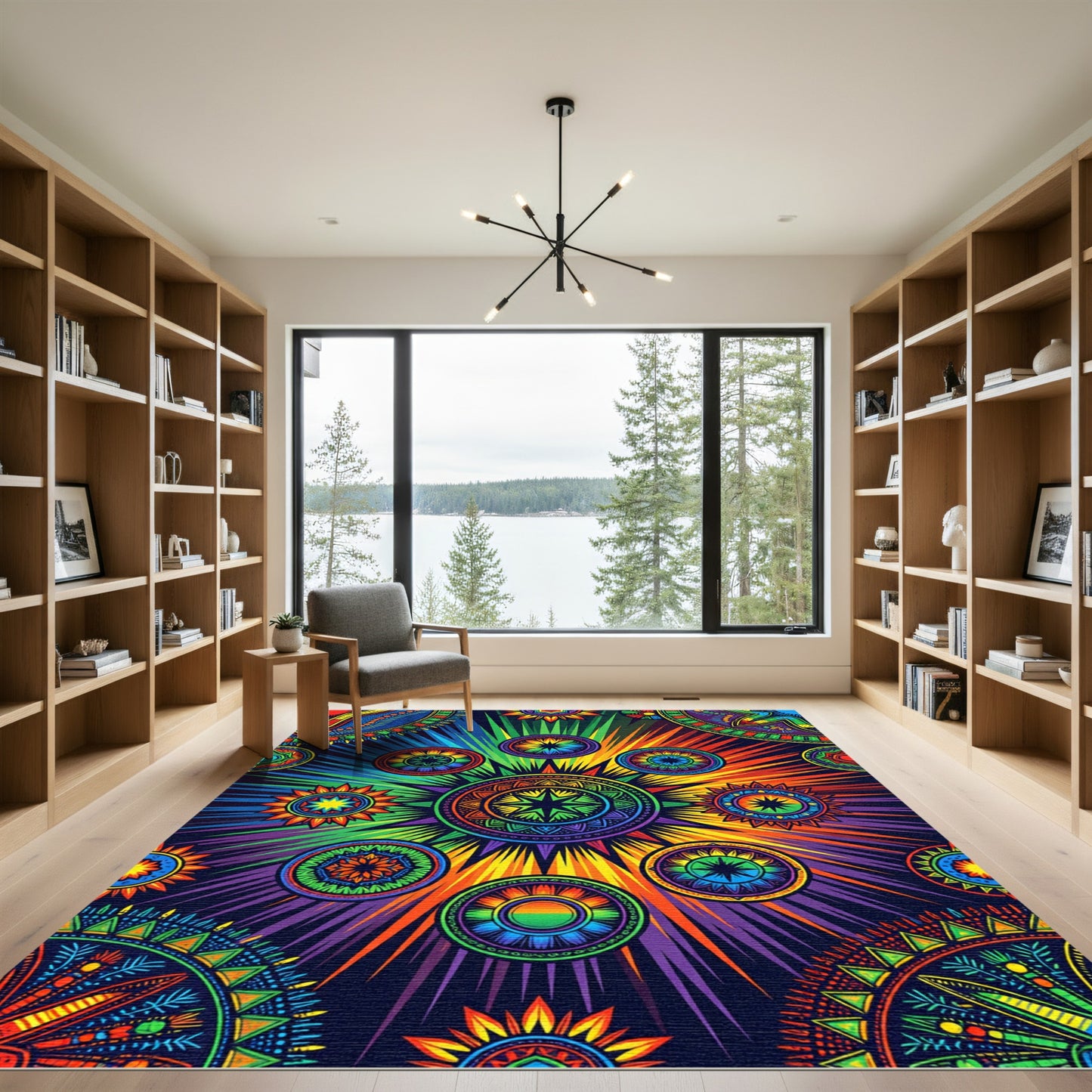 Radiant Rainbow Kaleidoscope Sun Burst Rug