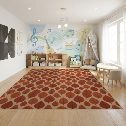 Warm Rust Beige Leaves Pattern Rug