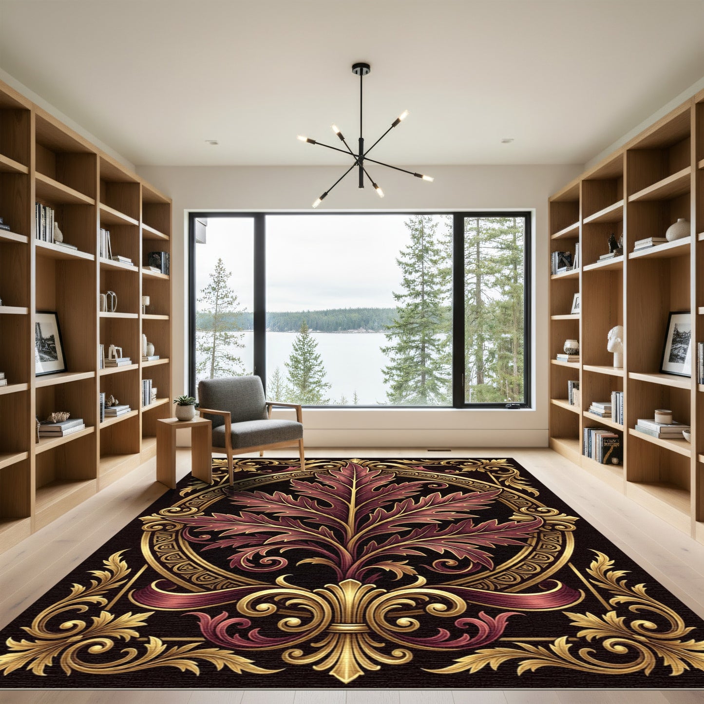 Ornate Crimson Gold Leaf Frame Rug