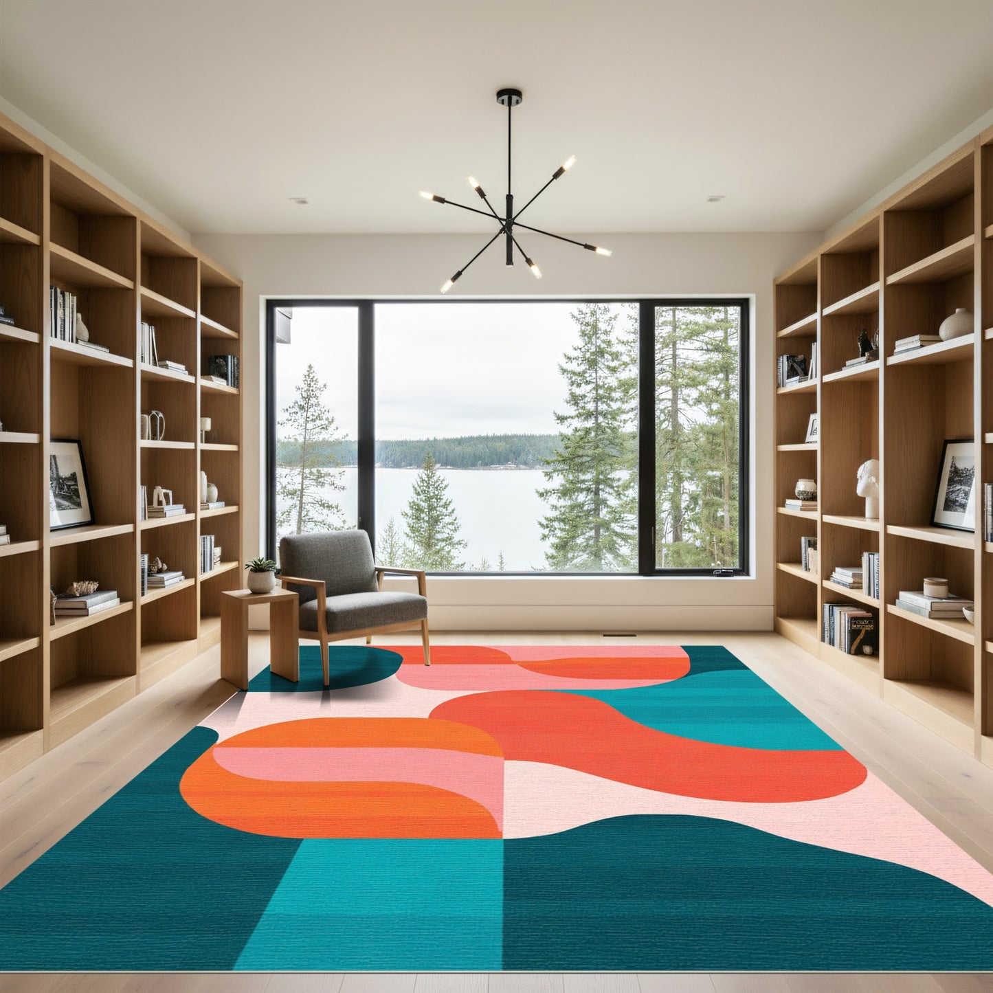 Modern Coral Teal Abstract Waves Rug
