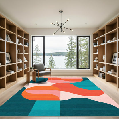 Modern Coral Teal Abstract Waves Rug