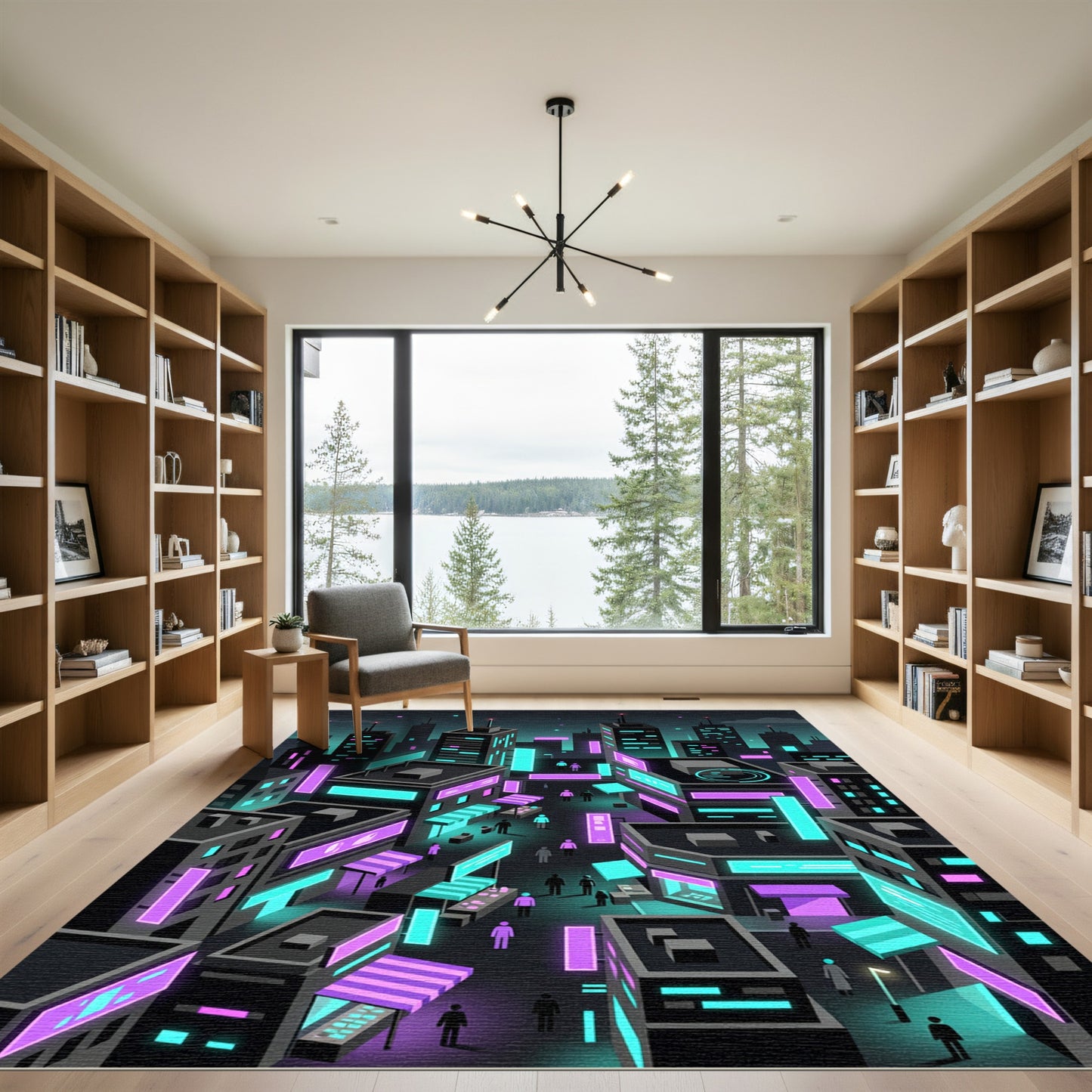 Neon Cyberpunk Cityscape Isometric Grid Rug