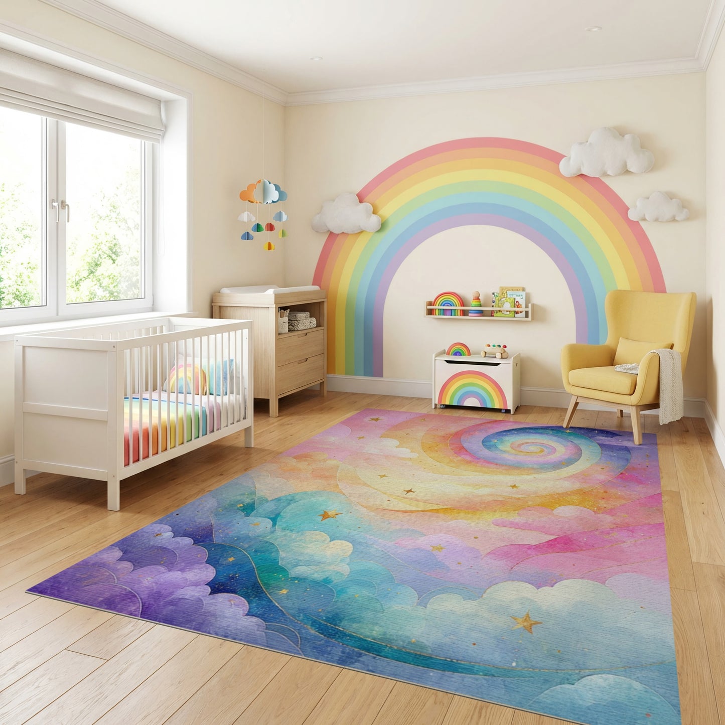 Dreamy Rainbow Spiral Stars Clouds Rug