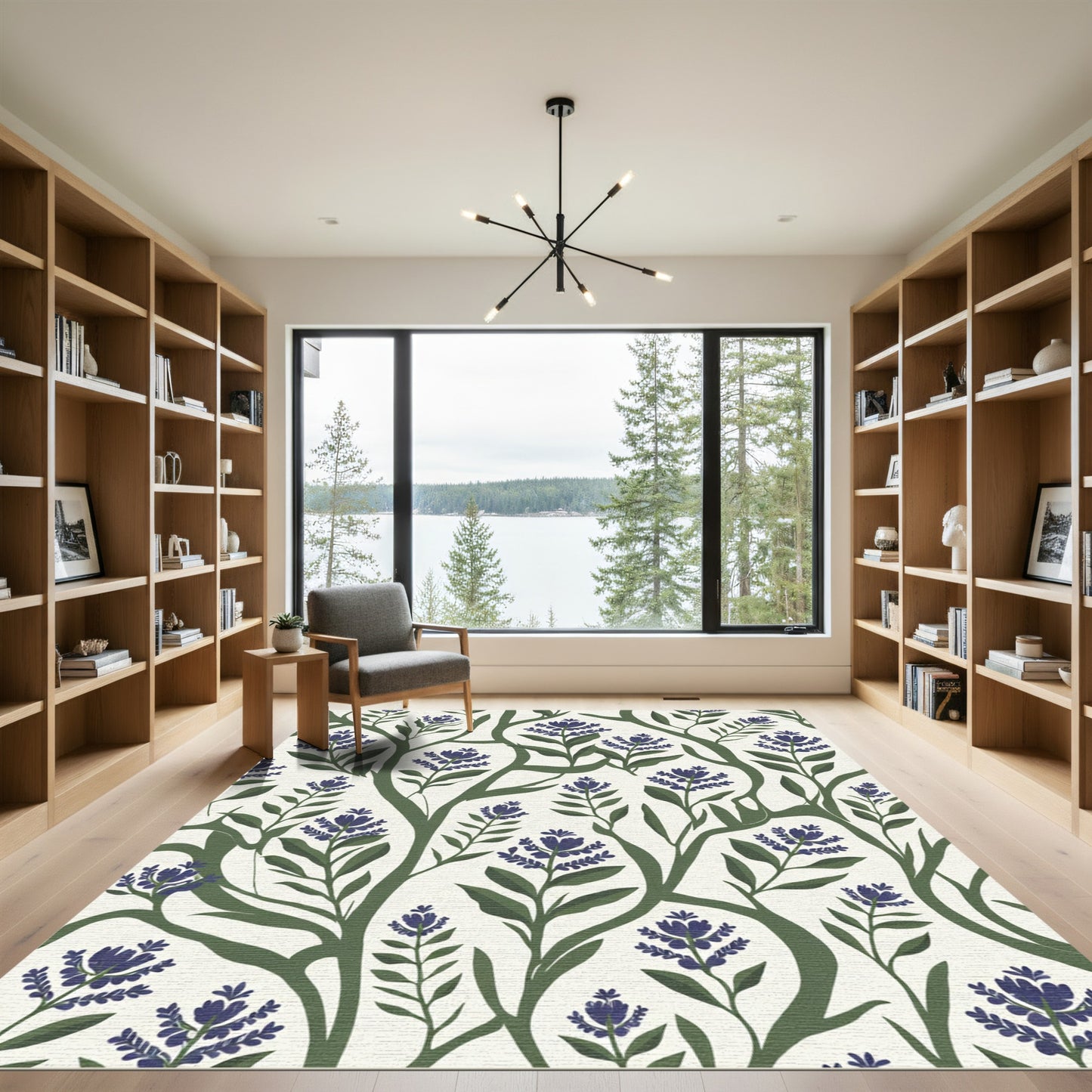 Dark Blue Floral Vine Botanical Rug