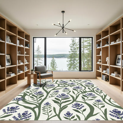 Dark Blue Floral Vine Botanical Rug