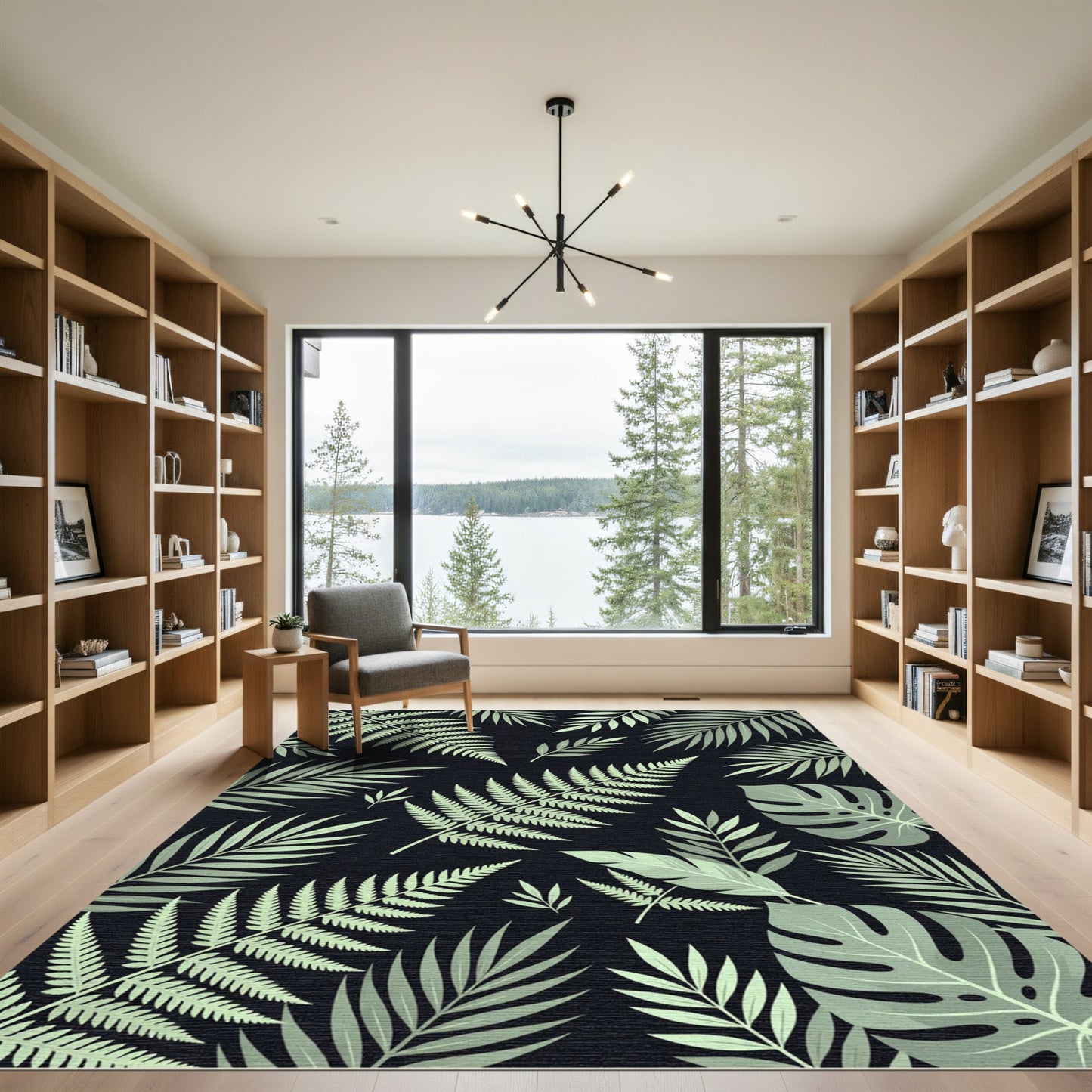Lush Tropical Foliage on Black Rug