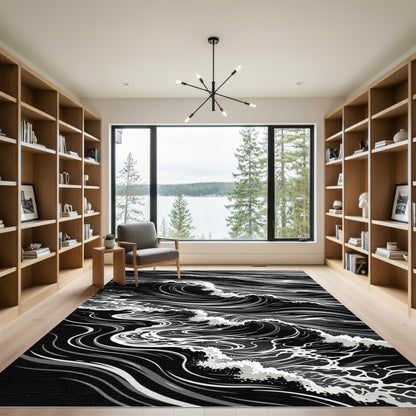 Dramatic Black White Ocean Waves Rug