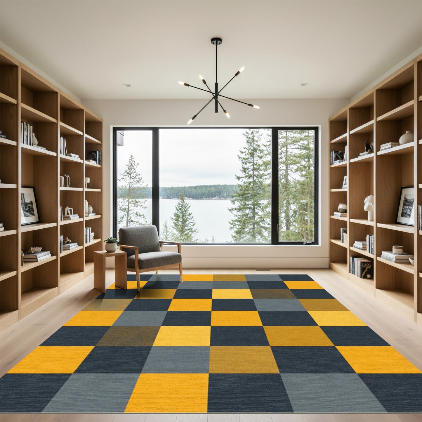 Gold Gray Charcoal Checkered Squares Rug