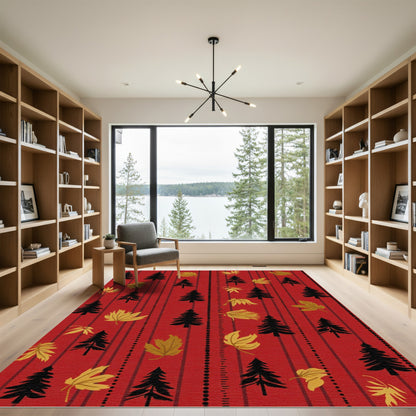 Black Trees Golden Leaves Red Stripes Rug