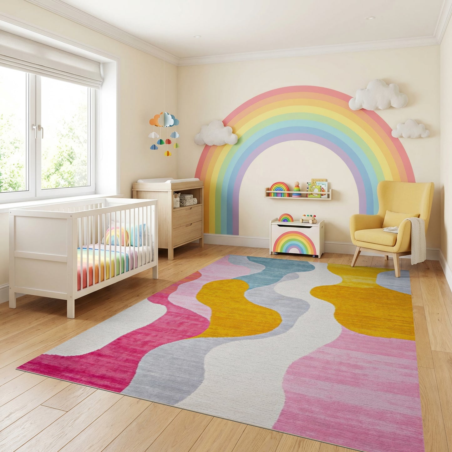 Vibrant Teal Pink Yellow Wavy Rug