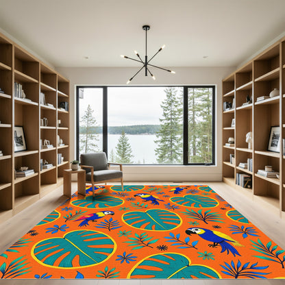 Tropical Macaw Parrot Leafy Orange Rug