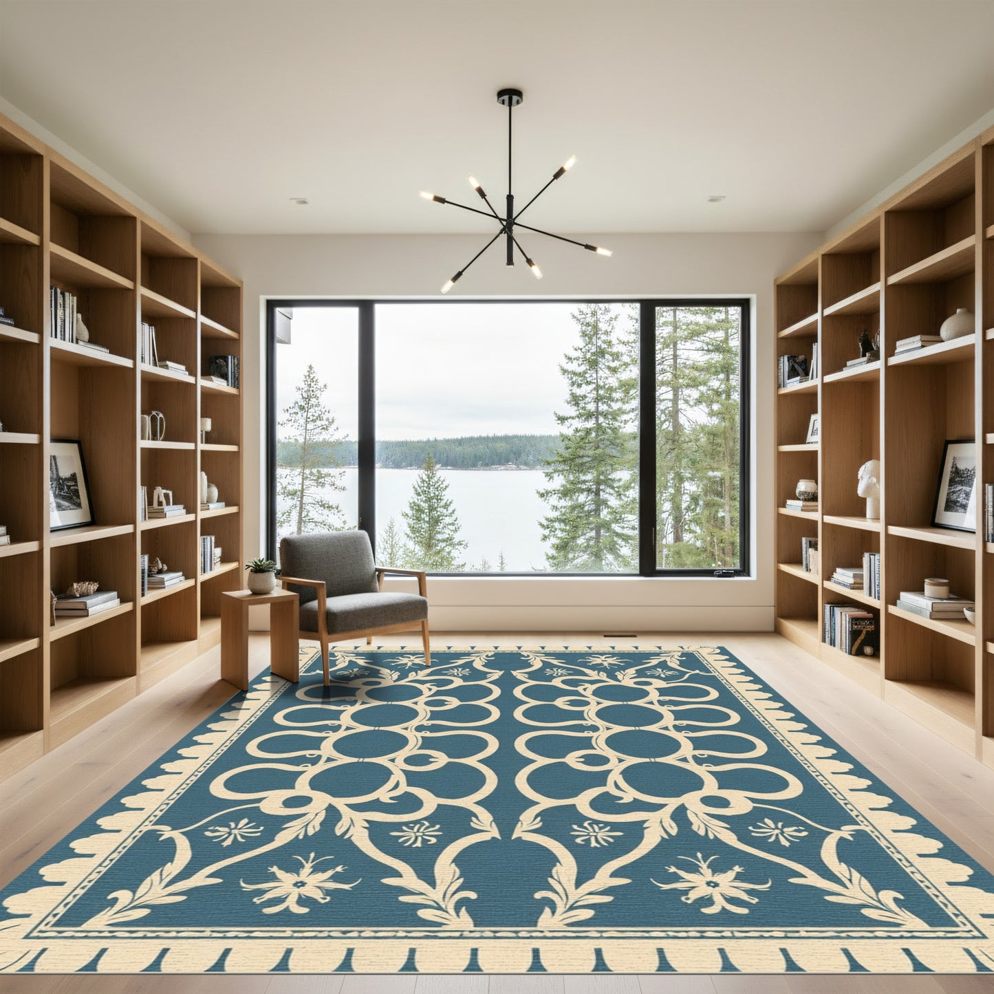Deep Blue Cream Damask Scroll Rug