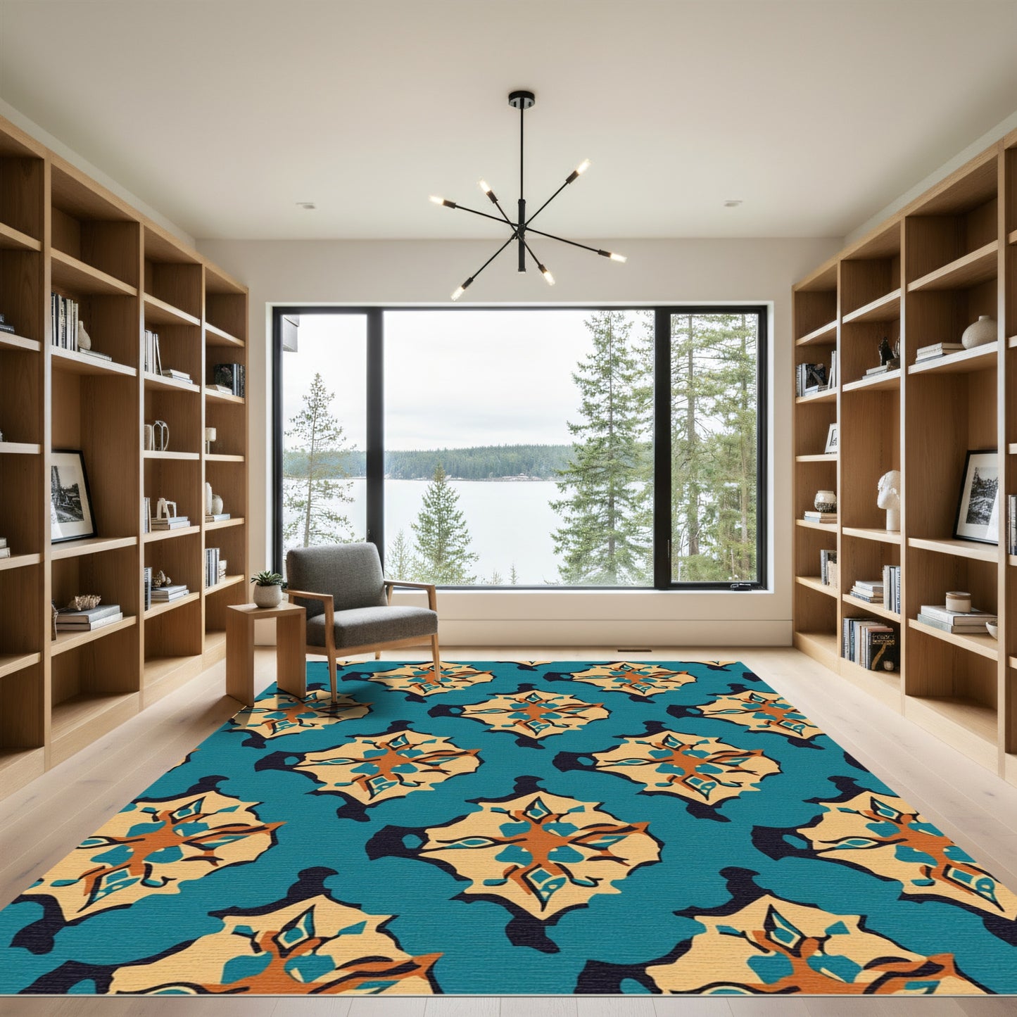 Teal Tan Abstract Mid Century Motif Rug