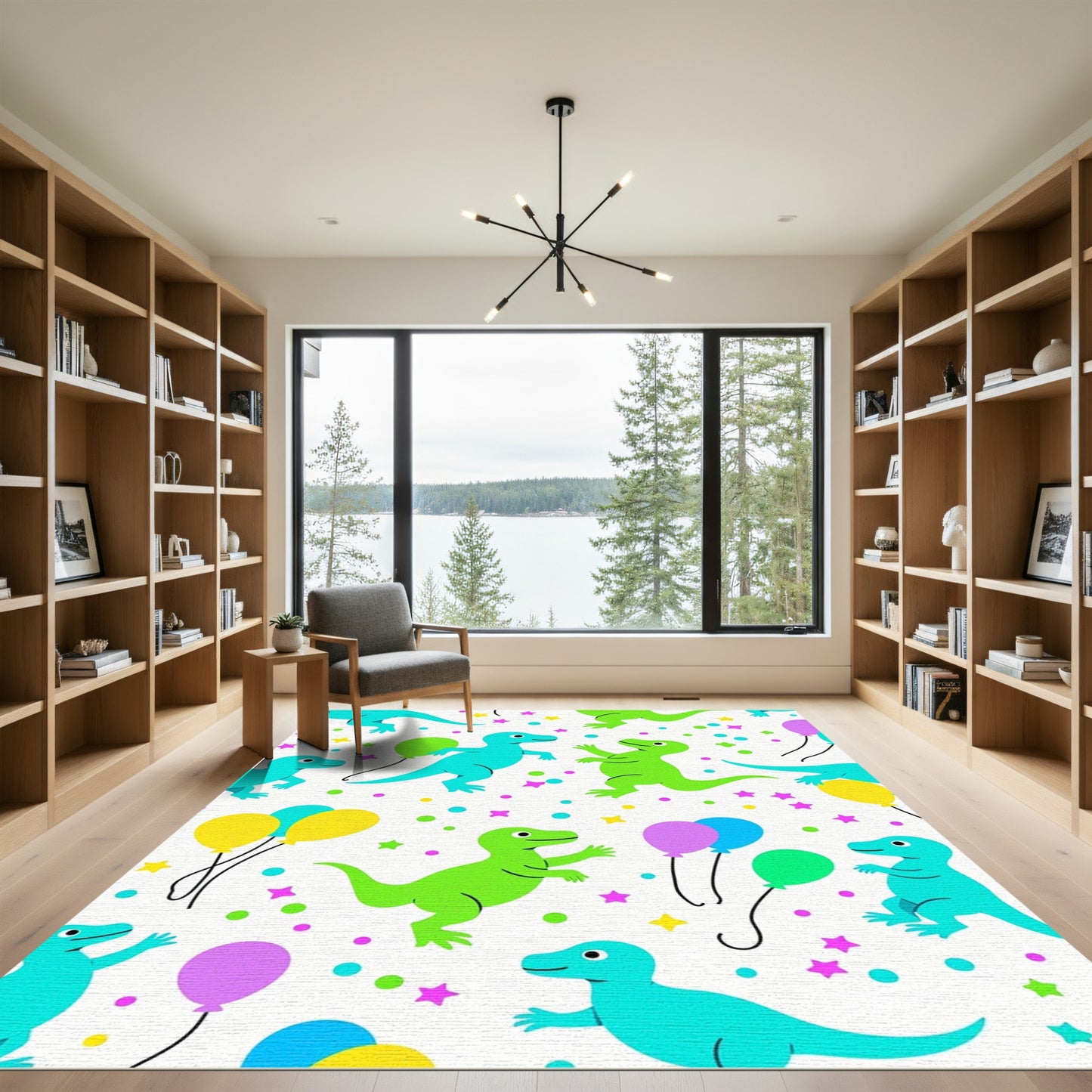 Playful Dinosaur Balloon Confetti Celebration Rug