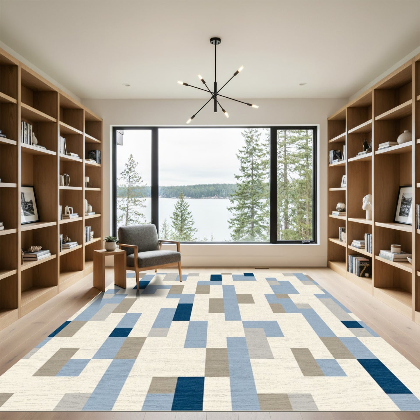 Geometric Blocks in Blue and Tan Rug