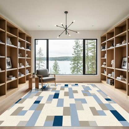 Geometric Blocks in Blue and Tan Rug