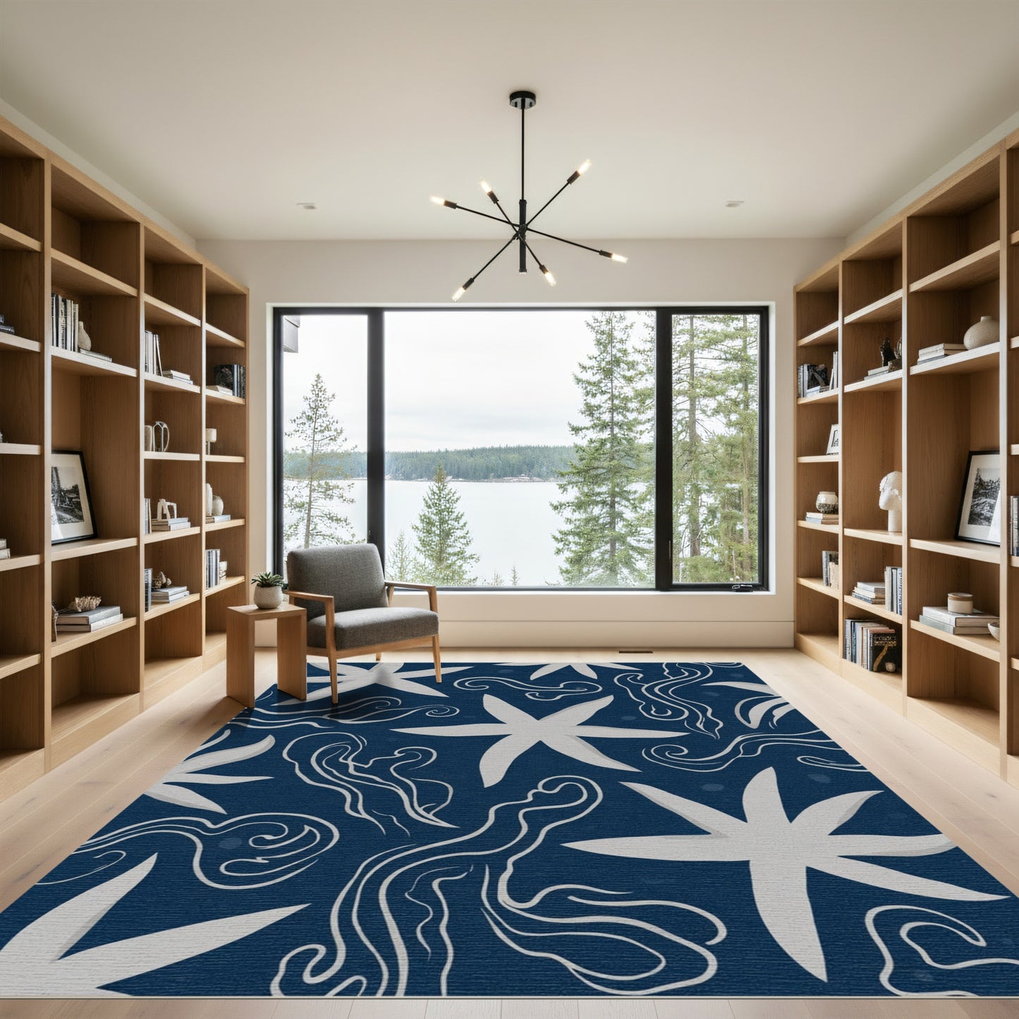 Navy White Starfish Swirls Rug