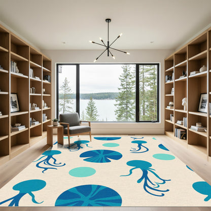 Ocean Blue Jellyfish And Lily Pads Rug
