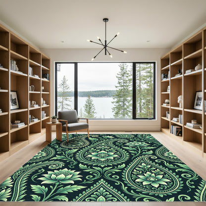 Green Paisley Floral Blossom Repeat Rug