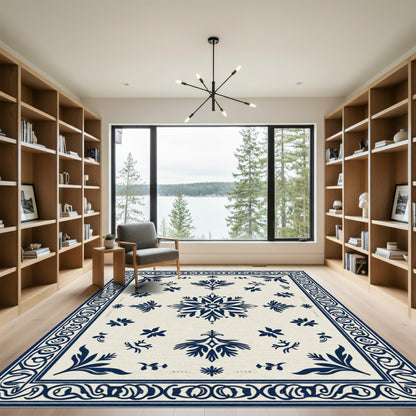 Indigo Bloom Scrollwork Cream Rug