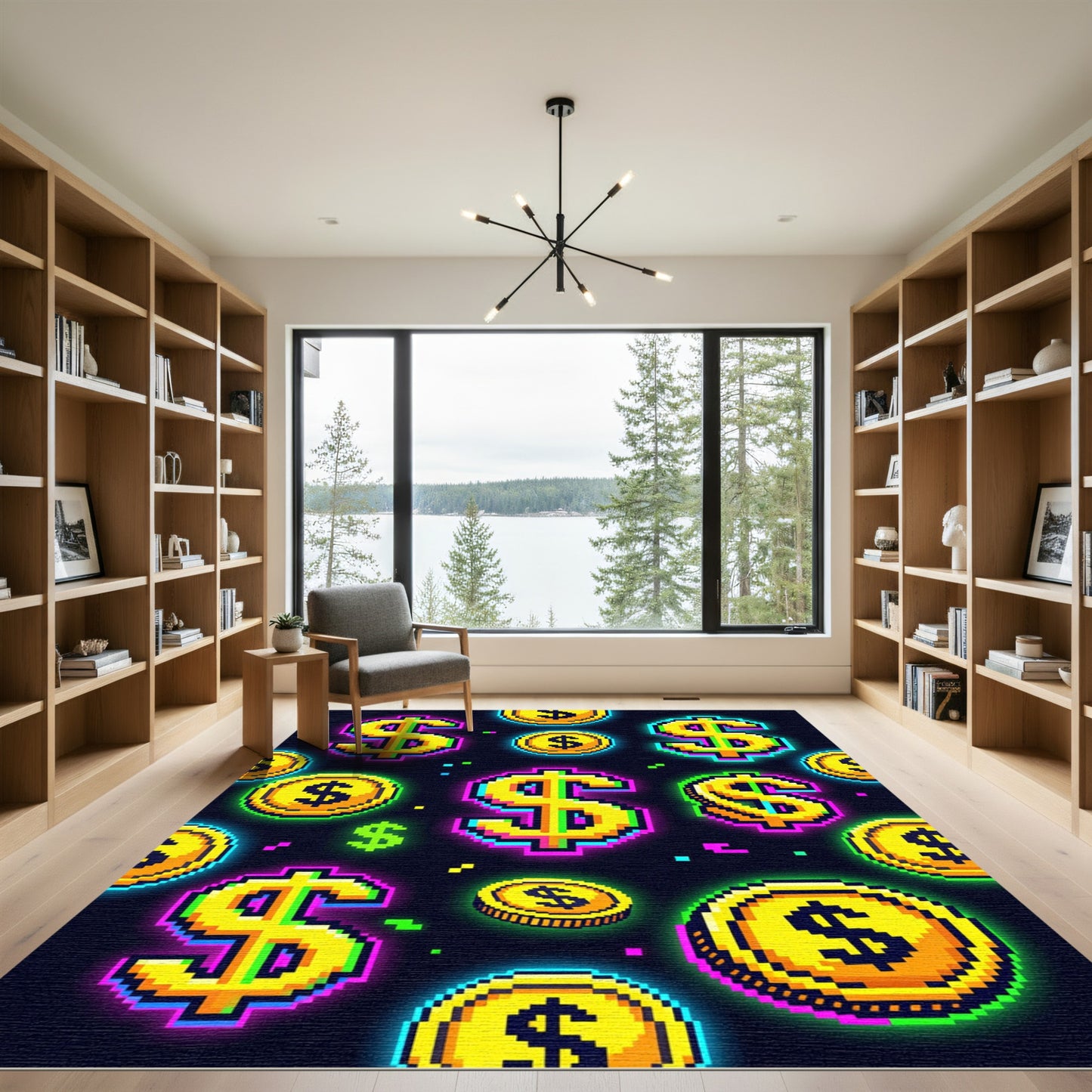 Neon Pixel Dollar Sign Arcade Art Rug