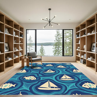 Nautical Sailboat Fish Ocean Waves Rug