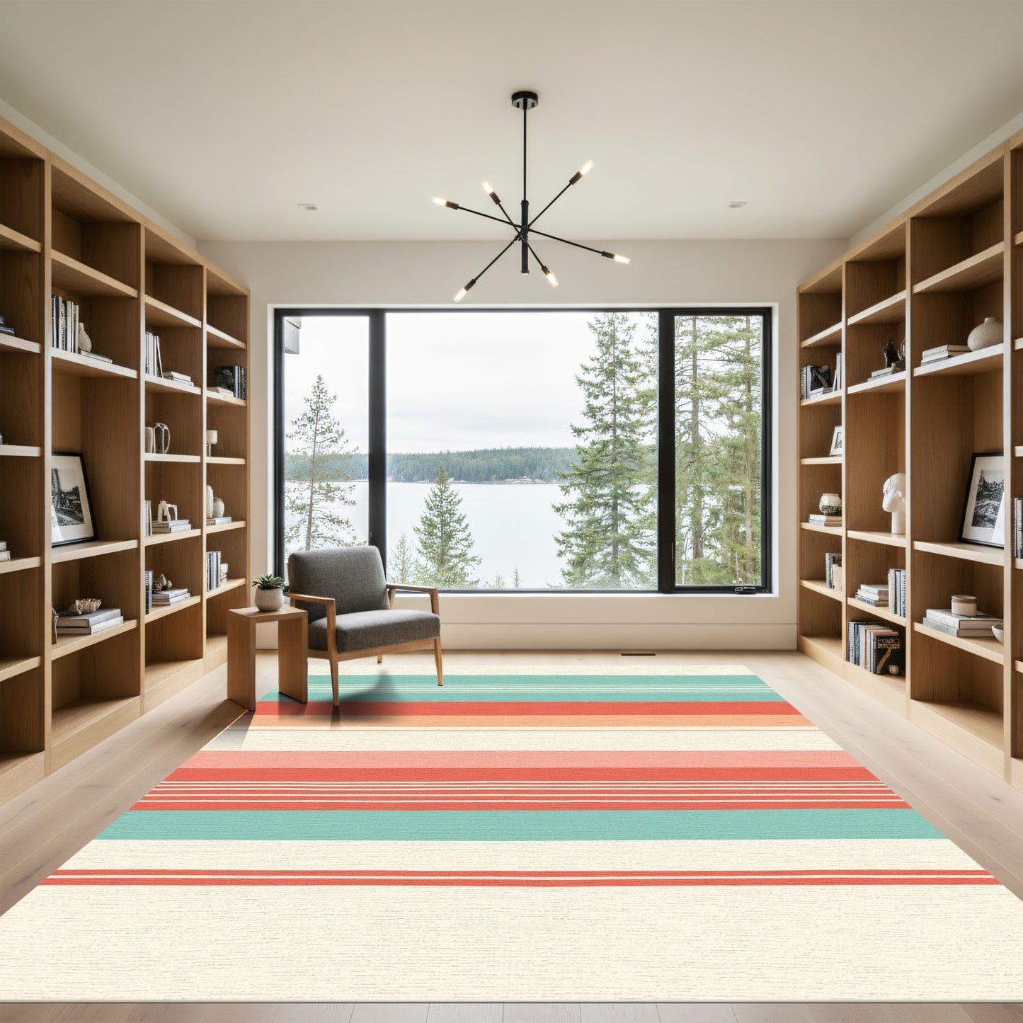 Coral Teal Cream Striped Texture Rug