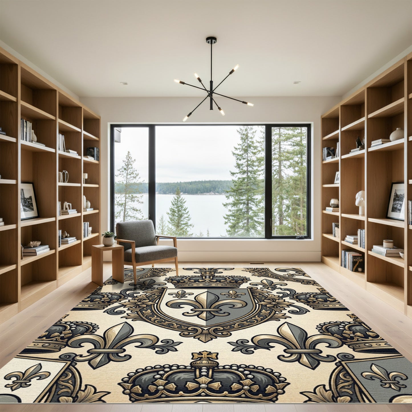 Regal Gray Floral Crown Emblem Rug