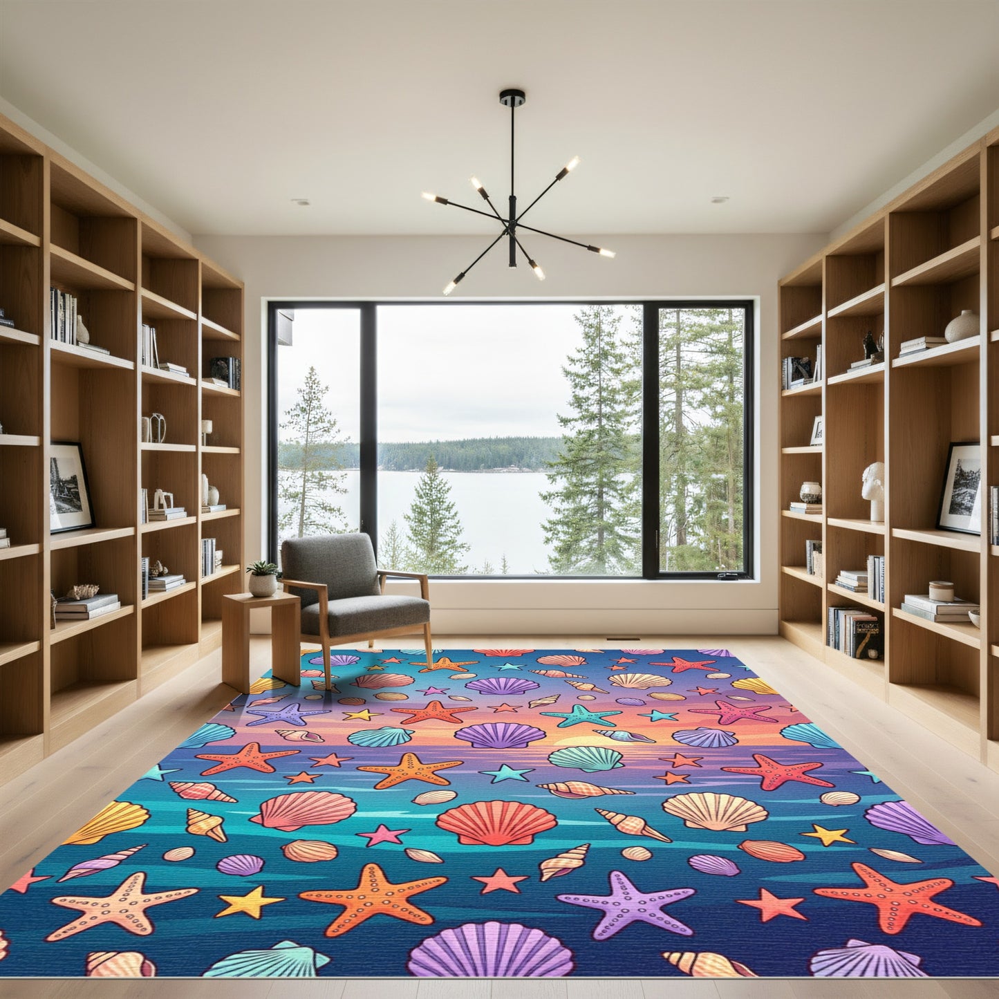 Coastal Sunset Seashell and Starfish Illustration Rug